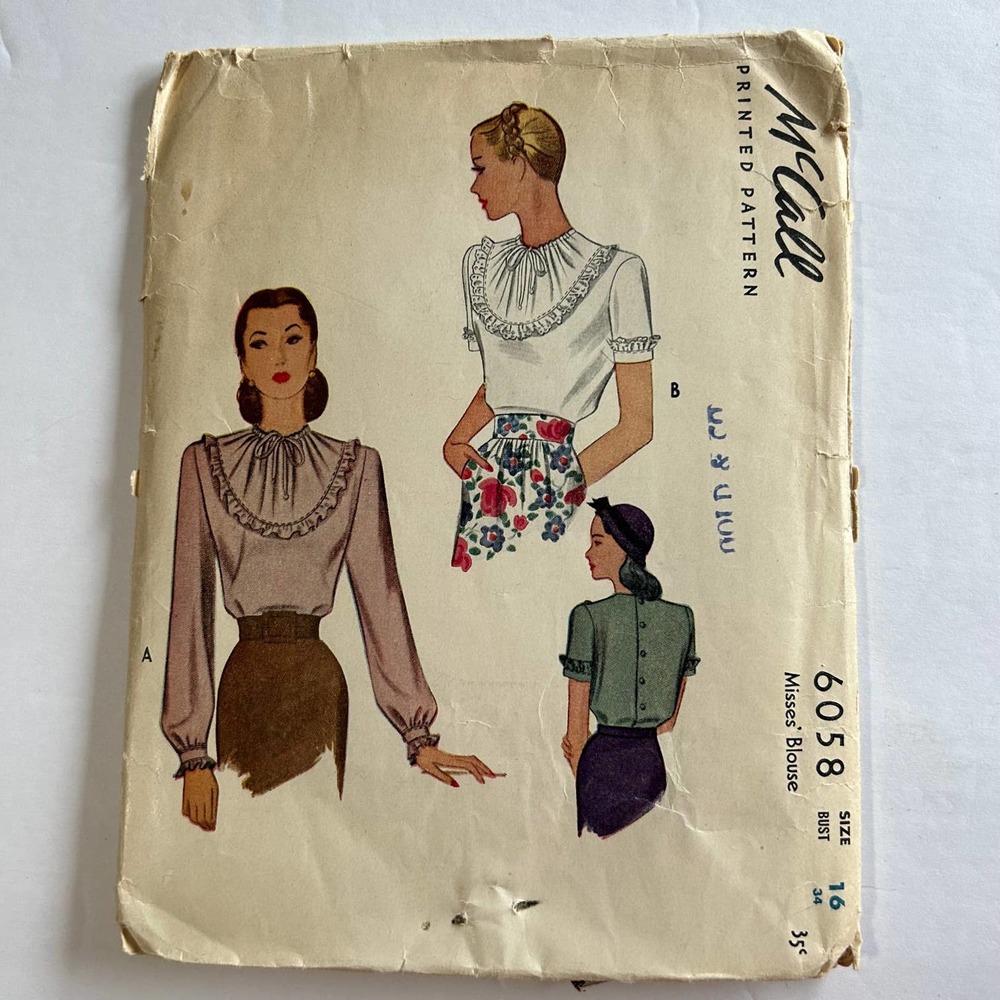 McCalls‎ Vintage 1940's Pattern #6058 Women's Ruffle Blouse Size 16